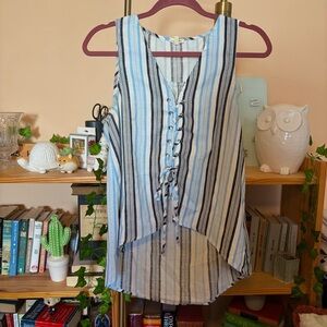 En Creme Blue and White Striped Lace-Up Tank Top
